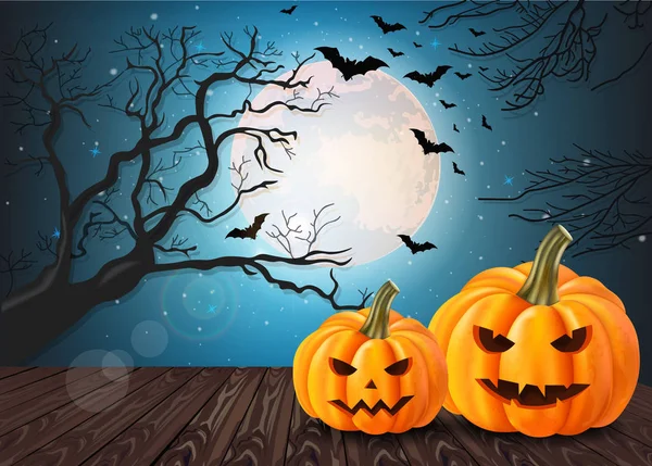 Tarjeta de calabazas de Halloween con luna llena y murciélagos fondo Vector — Archivo Imágenes Vectoriales