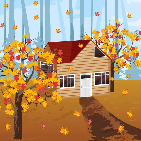 Casa de madera Vector otoño fondo ilustraciones caída — Vector de stock