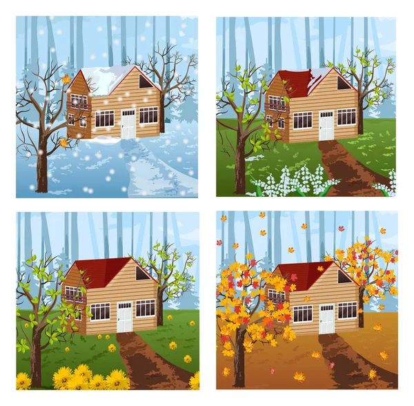 Casa de madera Vector todas las estaciones fondo. Invierno, verano, primavera y otoño ilustraciones — Vector de stock