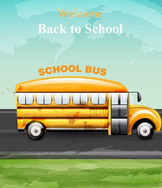 回到学校水彩卡矢量。黄色的公共汽车和树叶。数学符号背景 — 图库矢量图片