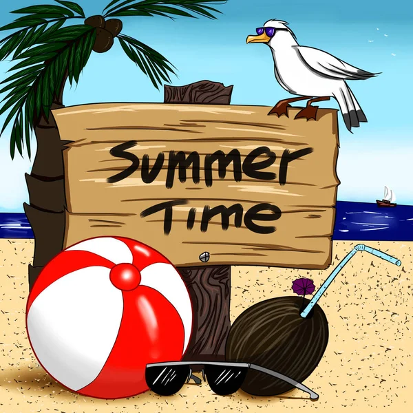 Summer time card with wooden sign beach ball and coconut cocktail cartoon illustrations