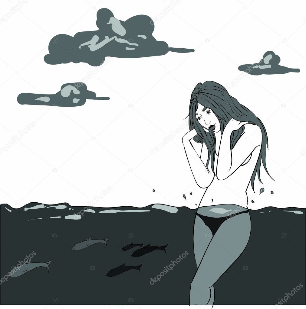 Nude Girl in the water sketch Vector. Storyboard artline illustrations