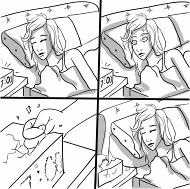 Sabaha uyanmak kadın vektör alarm. Komik çizgi film, ARTLINES storyboard