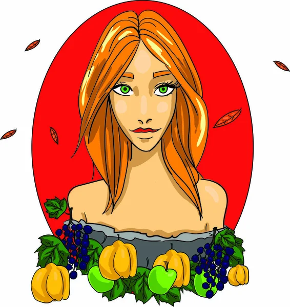 Дівчина осінь богиня Вектор. Красуня з айвою і виноградом на червоному тлі — стоковий вектор