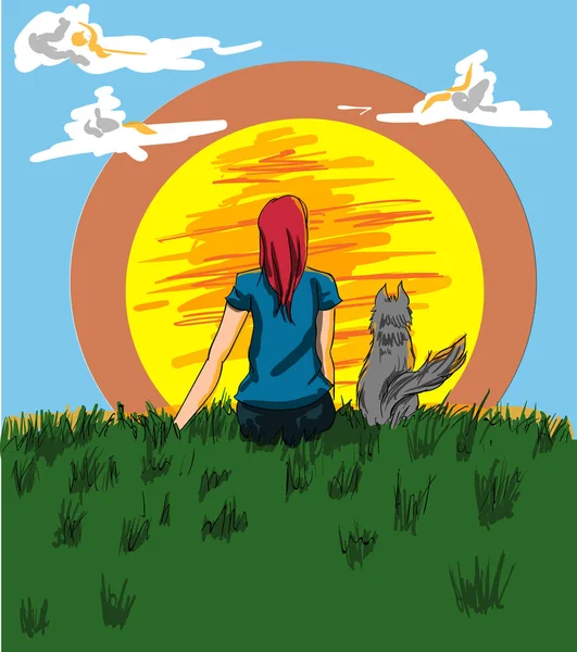 Το κορίτσι και ένα σκυλί, κοιτάζοντας το ηλιοβασίλεμα διάνυσμα. Καρτούν χαρακτήρες ιστορία του σκάφους — Διανυσματικό Αρχείο