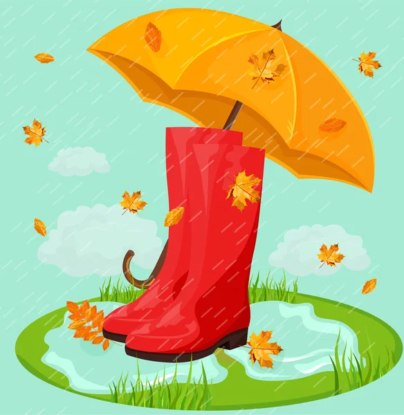 Red boots and umbrella Vector. Rainy day backgrounds — Stock Vector