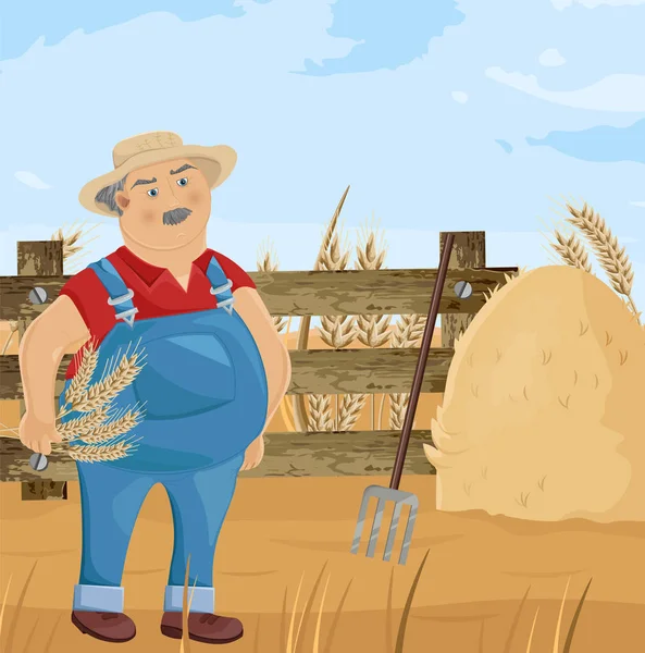 Agricultor e feno personagem de desenho animado Vector. Homem engraçado com limpeza pudim — Vetor de Stock