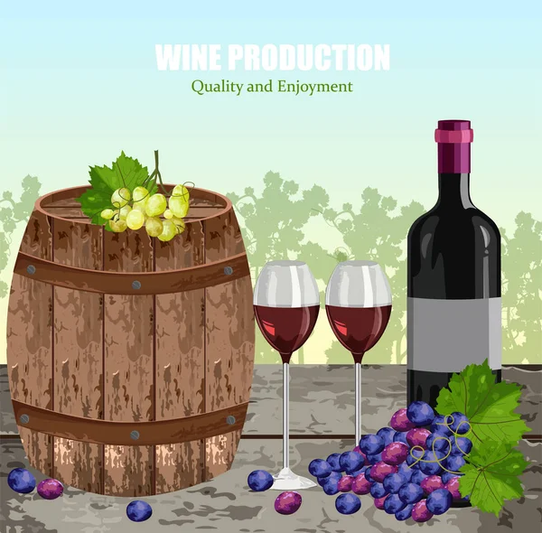 Карта истории вин с полными стаканами и бутылкой Вектор. Виноградники — стоковый вектор