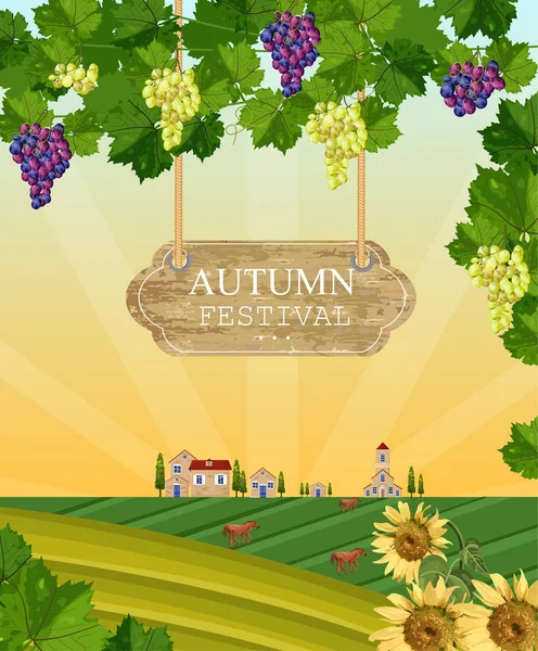 Autumn festival wood sign Vector. Wine grapes and rural village backgrounds — Stock Vector