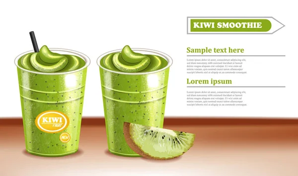 Kiwi smoothie Vector realista. Bebidas detalladas de refresco de cóctel 3d — Archivo Imágenes Vectoriales