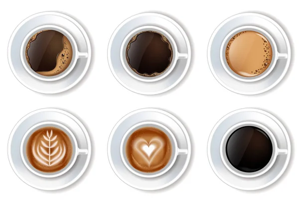 Koffie cups instellen Vector realistisch. bovenaanzicht 3d illustraties — Stockvector