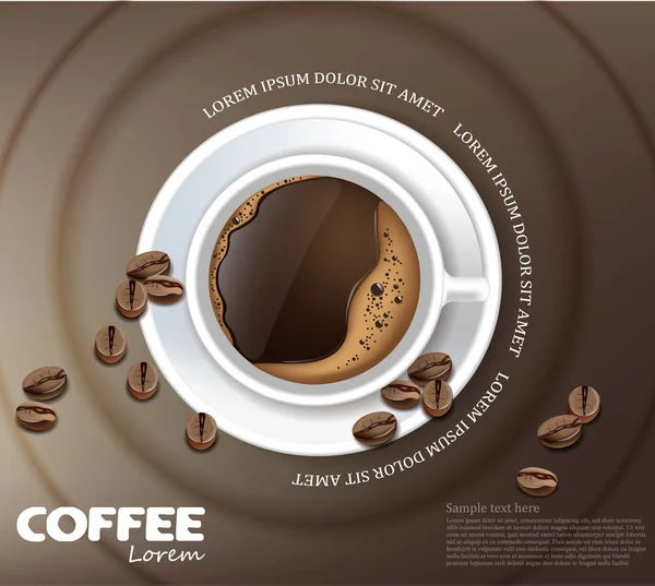 Koffiekopje kaart realistische Vector. "Product placement" mock up. Dark bonen, koffie achtergrond. bovenaanzicht 3d illustraties — Stockvector