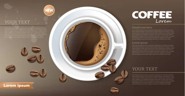 Koffiekopje banner realistische Vector. "Product placement" mock up. Dark bonen, koffie achtergrond. bovenaanzicht 3d illustraties — Stockvector