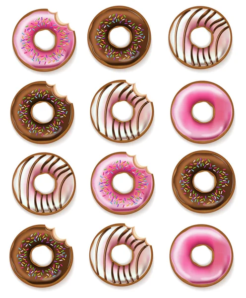 Donuts Vektor realistisch. 3D detaillierte Desserts Illustrationen — Stockvektor