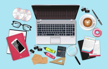 İş Danışma büro koleksiyonu vektör gerçekçi ayarlayın. Dizüstü bilgisayar, vurup, telefon ve ofis malzemeleri 3d ayrıntılı çizimler