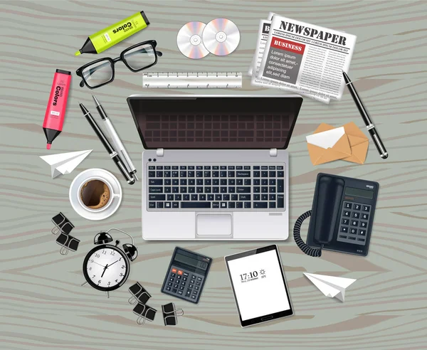 Laptop und Bürobedarf Business Set Sammlung Vektor realistisch. Brille, Tasche, Gadgets 3D detaillierte Illustrationen — Stockvektor