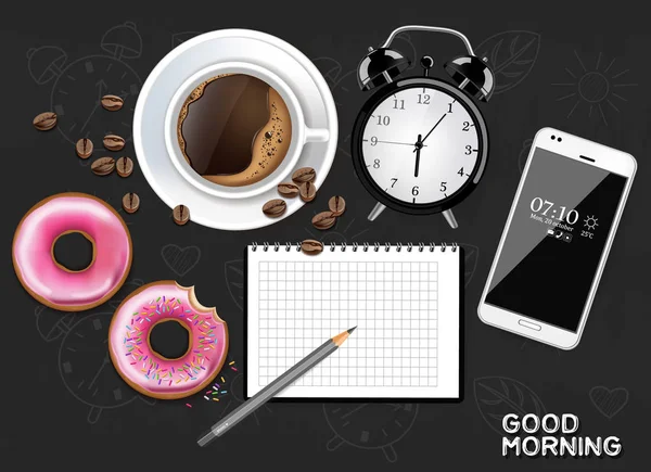 Πρωινός καφές με ξυπνητήρι και τηλέφωνο διάνυσμα ρεαλιστική. Σκούρο φόντο. 3D απεικονίσεις — Διανυσματικό Αρχείο