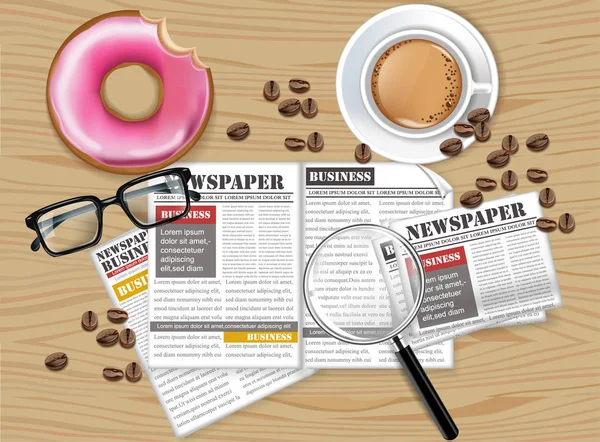 Escritório café, donut, jornal e óculos Vector realistics —  Vetores de Stock