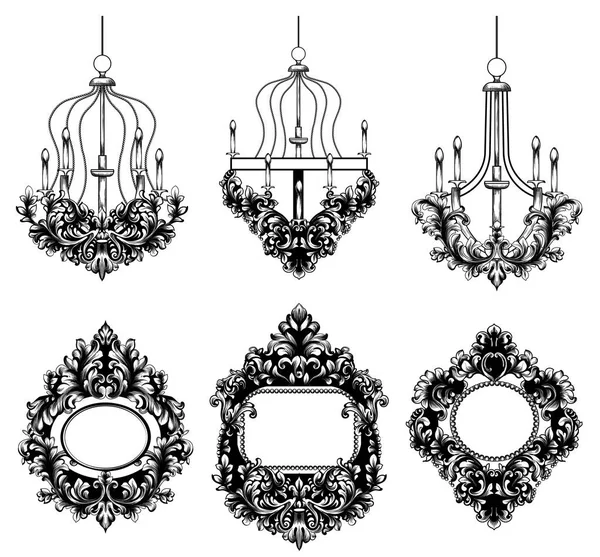 Lámpara barroca y marco redondo espejo. Vector francés de lujo ricos ornamentos intrincados. Decoraciones estilo real victoriano — Vector de stock