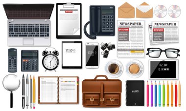 Dizüstü bilgisayar, becerikli alet ve ofis malzemeleri iş koleksiyonu vektör gerçekçi ayarlayın. Gözlük, gazete, becerikli alet ve CD'leri 3d çizimler izole ayrıntılı