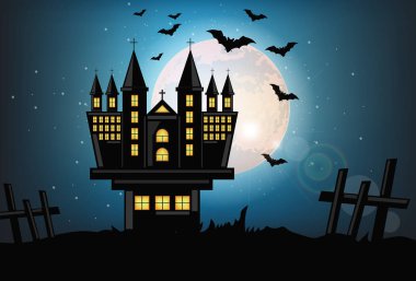 Perili şato Cadılar Bayramı kartı arka plan vektör. Dolunay karanlık gece uçan yarasalar ile. Ürkütücü kuleleri çizimler