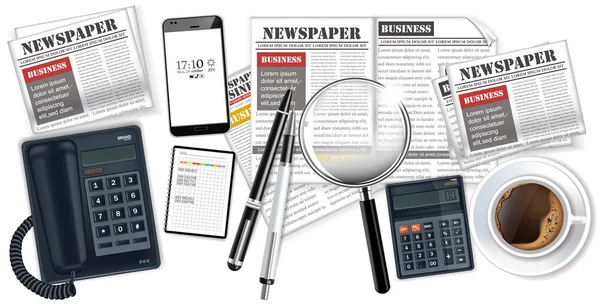 Telefone, aparelhos, café e jornais Conjunto realista Vector. 3d ilustrações detalhadas —  Vetores de Stock