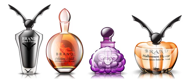 Cadılar Bayramı parfüm vektör gerçekçi ayarlayın. Ürün yerleştirme şişeleri sahte. Özgün şık koleksiyonu 3d çizimler — Stok Vektör