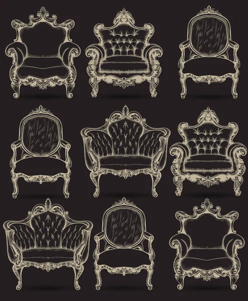 Barok koltuk seti. Fransız lüks zengin karmaşık yapısı vektör. Royal Victoria tarzı dekor lüks süsler koyu arka planlar ile — Stok Vektör