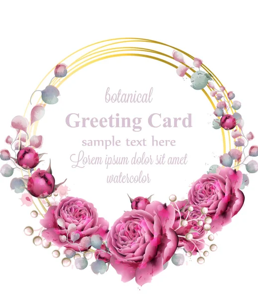 Marco de la tarjeta de oro con flores de color rosa acuarela Vector. Banner de decoración de diseño abstracto dorado. Ramos de boda reales ilustraciones — Vector de stock