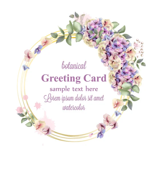 Hydrangeas Watercolor floral wreath Vector. Delicate colorful spring decors — Stock Vector