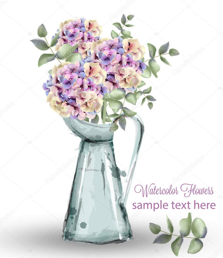 Hydrangeas Watercolor floral bouquet Vector. Delicate colorful spring decors