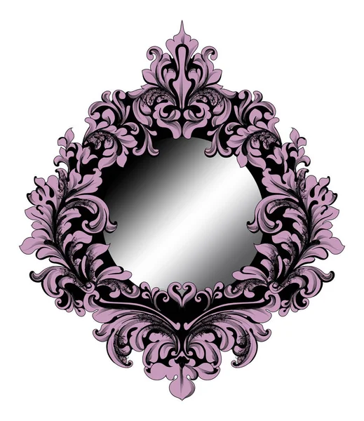 Rico púrpura barroco espejo marco Vector. Detalles ornamentados intrincados de lujo imperial francés. Decoraciones estilo real victoriano — Archivo Imágenes Vectoriales