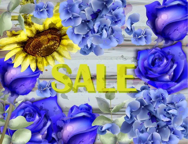 Rose blu e sunfower acquerello sfondo vettoriale. Bella texture floreale decori — Vettoriale Stock