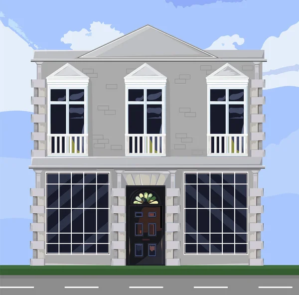 Witte huis gevel architectuur Vector. Winkel of boutique voorzijde met grote ramen. Winkel gevel. Kantoor verhuur. Vector gedetailleerde illustraties — Stockvector