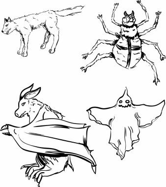 Cadılar Bayramı vektör hat sanatı ayarlayın. örümcek, kurt ve hayaletler resimler