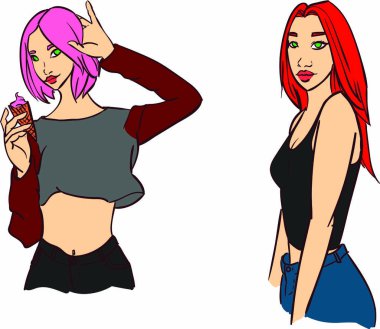 Kızlar vektör hat sanat çizgi film karakteri. Film şeridi, proje reklam şablonları