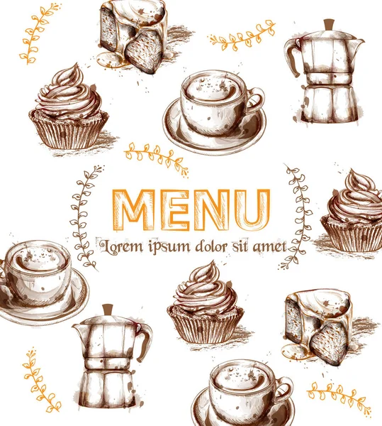 Karte Vorlage Getränke und Kuchen Vektor. frischer Kaffee, Cupcakes, Designlinie Kunst — Stockvektor