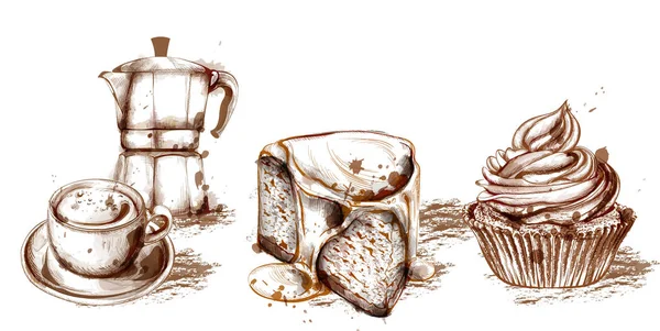 Меню карты шаблон напитков и тортов Вектор. Свежий кофе, кексы, дизайн линии искусств — стоковый вектор