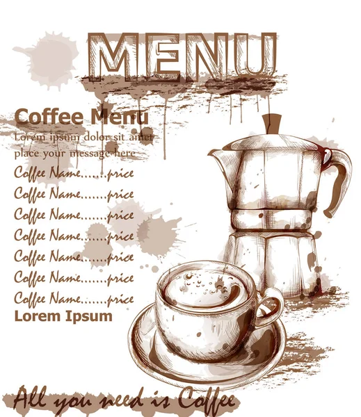 Menü kartı şablonu taze kahve içecek vektör. Kahve Kupası ve su ısıtıcı tasarım — Stok Vektör