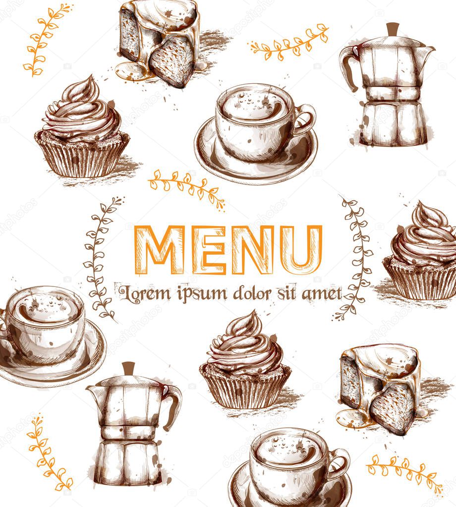 Menu card template drinks and cakes Vector. Fresh coffee, cupcakes, design line art