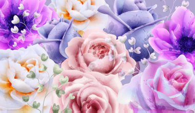 Gül çiçek suluboya vektör arka plan. Güzel vintage pastel renkler çiçek dekorlar afiş