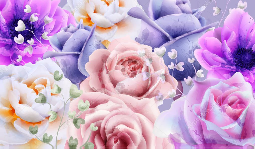 Rose flowers background watercolor Vector. Beautiful vintage pastel colors floral decor banner