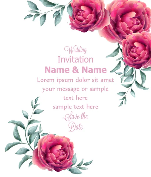 Invitation de mariage fleurs roses aquarelle cadre vectoriel. Belles couleurs fuchsia décors floraux — Image vectorielle