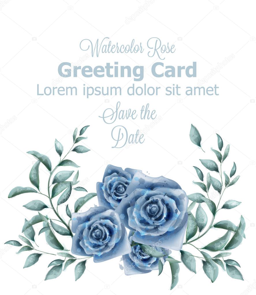 Greeting card with blue roses watercolor Vector banner. Beautiful vintage pastel colors floral decor posters