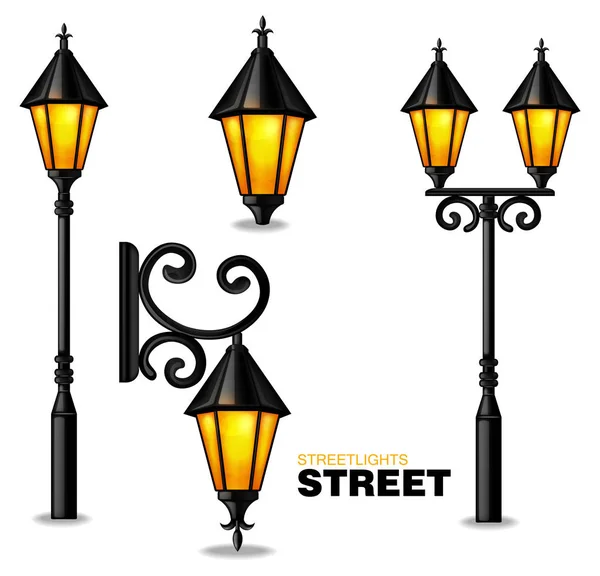 Lâmpadas de rua 3d vetor coleção conjunto realisic isolado em fundos brancos — Vetor de Stock