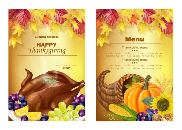 Happy thanksgiving menu coupons Vector realista. Pavo, calabaza y frutas. Otoño caída 3d símbolos detallados ilustraciones — Vector de stock