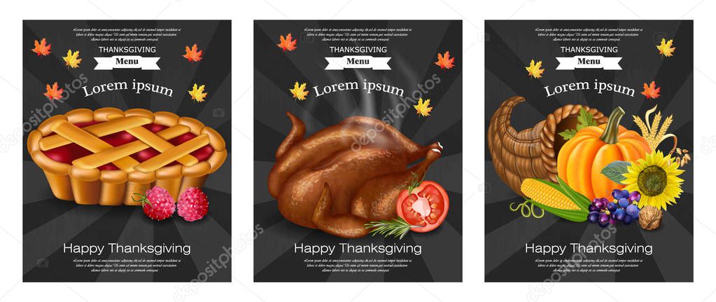 Happy thanksgiving turkey, pie menu templates Vector. 3d detailed food illustrations