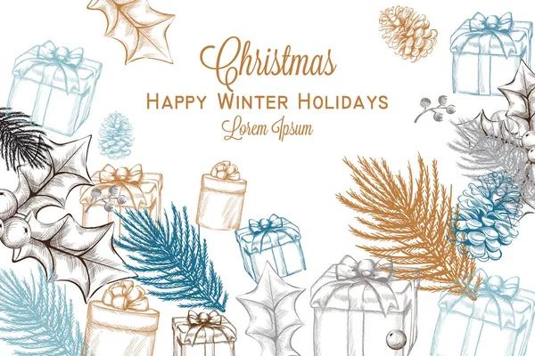 Joyeux Noël carte vectorielle linéaire. Fond de Noël cartes d'invitation décorées — Image vectorielle