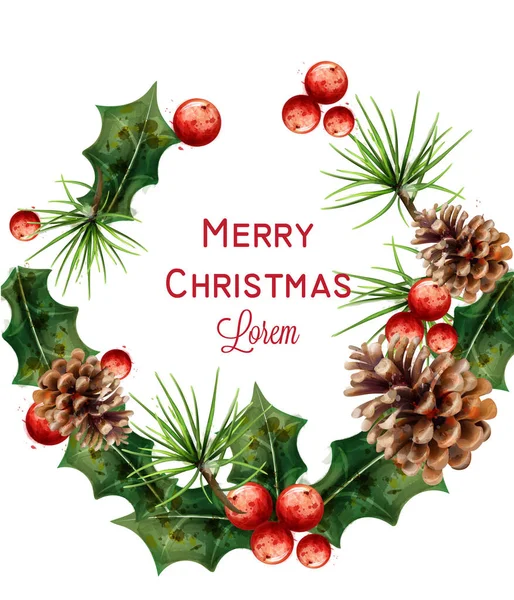 Merry Christmas watercolor wreath Vector. Red Christmas decors card — Stock Vector