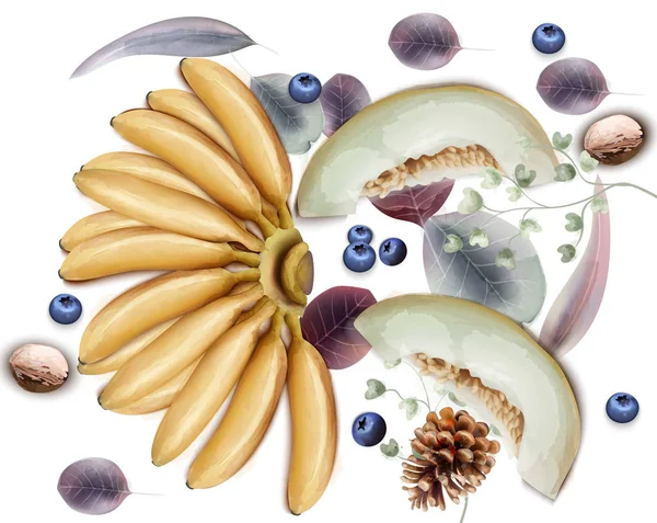 Banane, meloni e mirtilli Acquerello vettoriale. Esotici deliziosi frutti modello di sfondo. Colori invernali decori — Vettoriale Stock